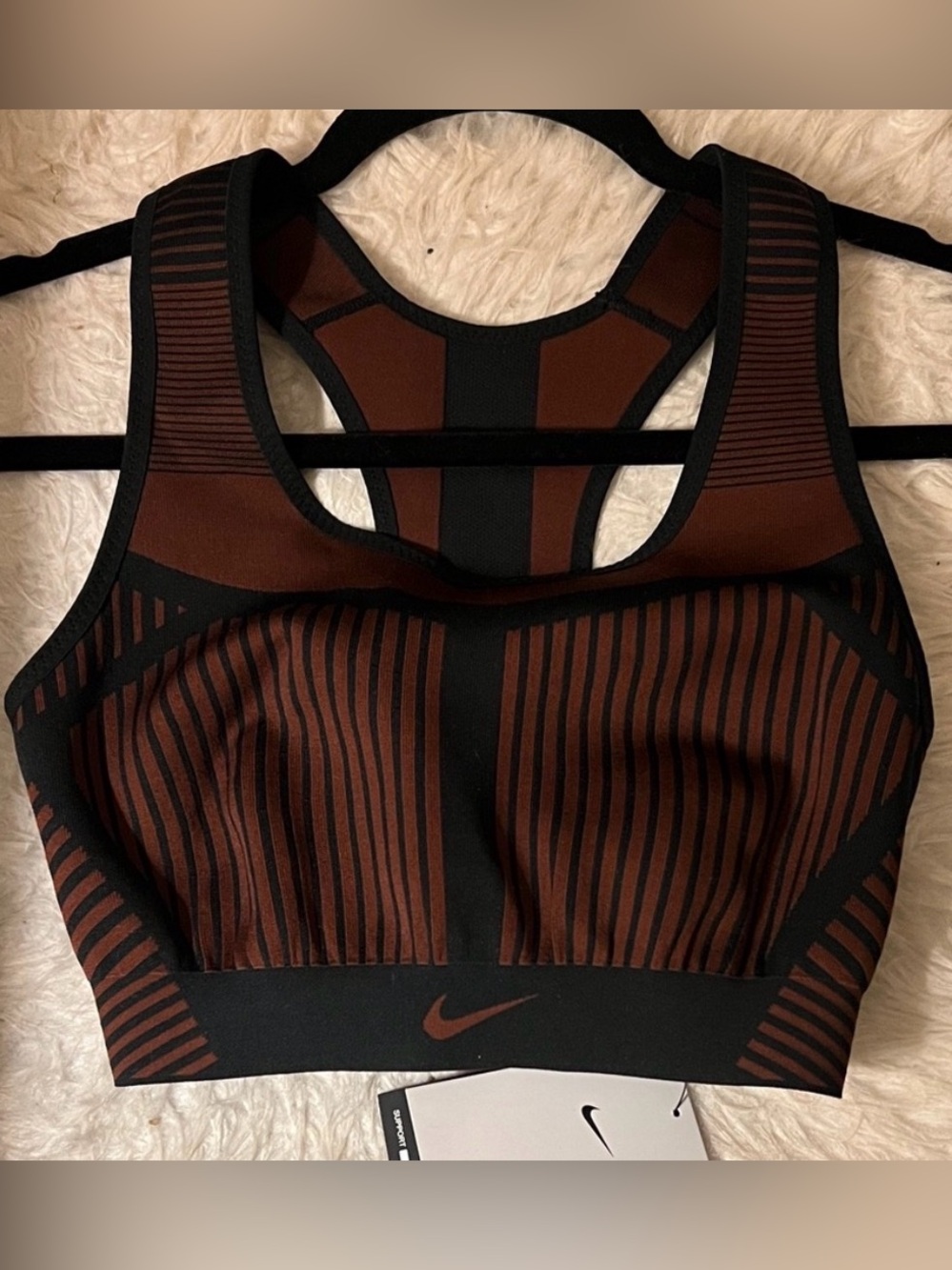 Nike Women's Black and Brown Striped Flyknit High Support Sports Bra
